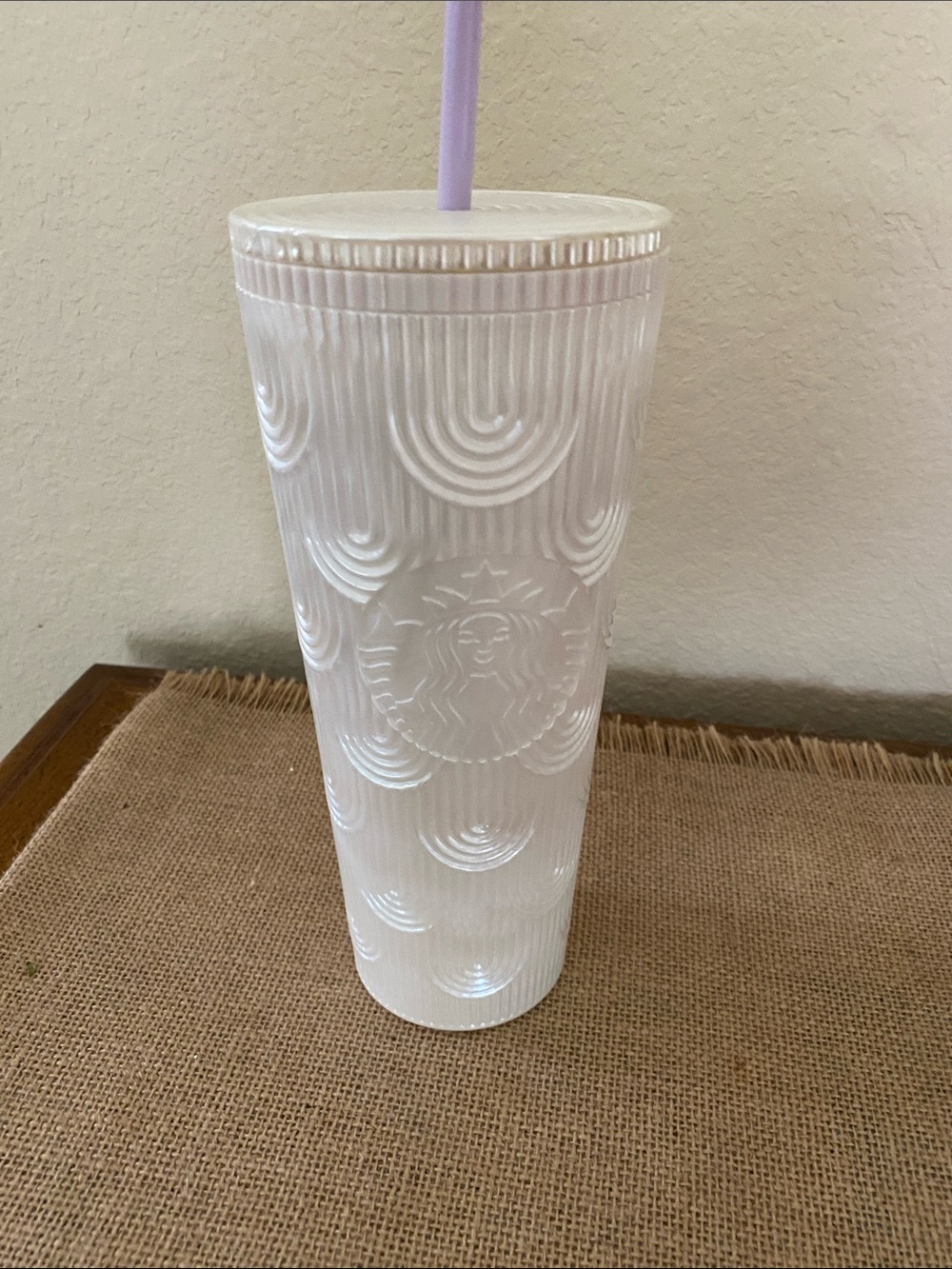 Starbucks White Textured Reusable Cup with Lilac Straw